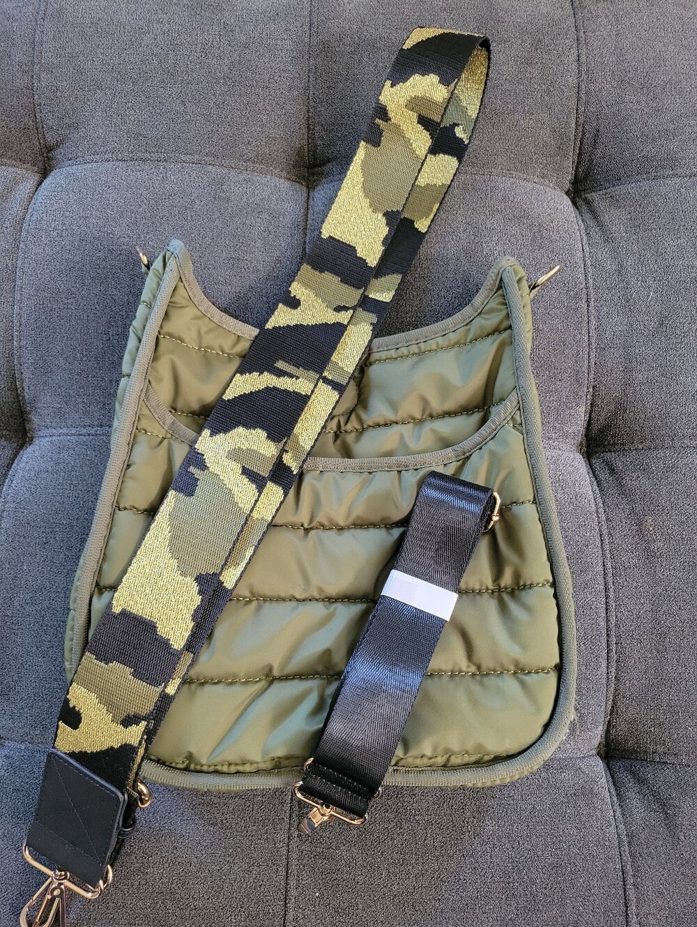 Olive Green Quilted Crossbody Bag with Camouflage Strap And Black Strap
